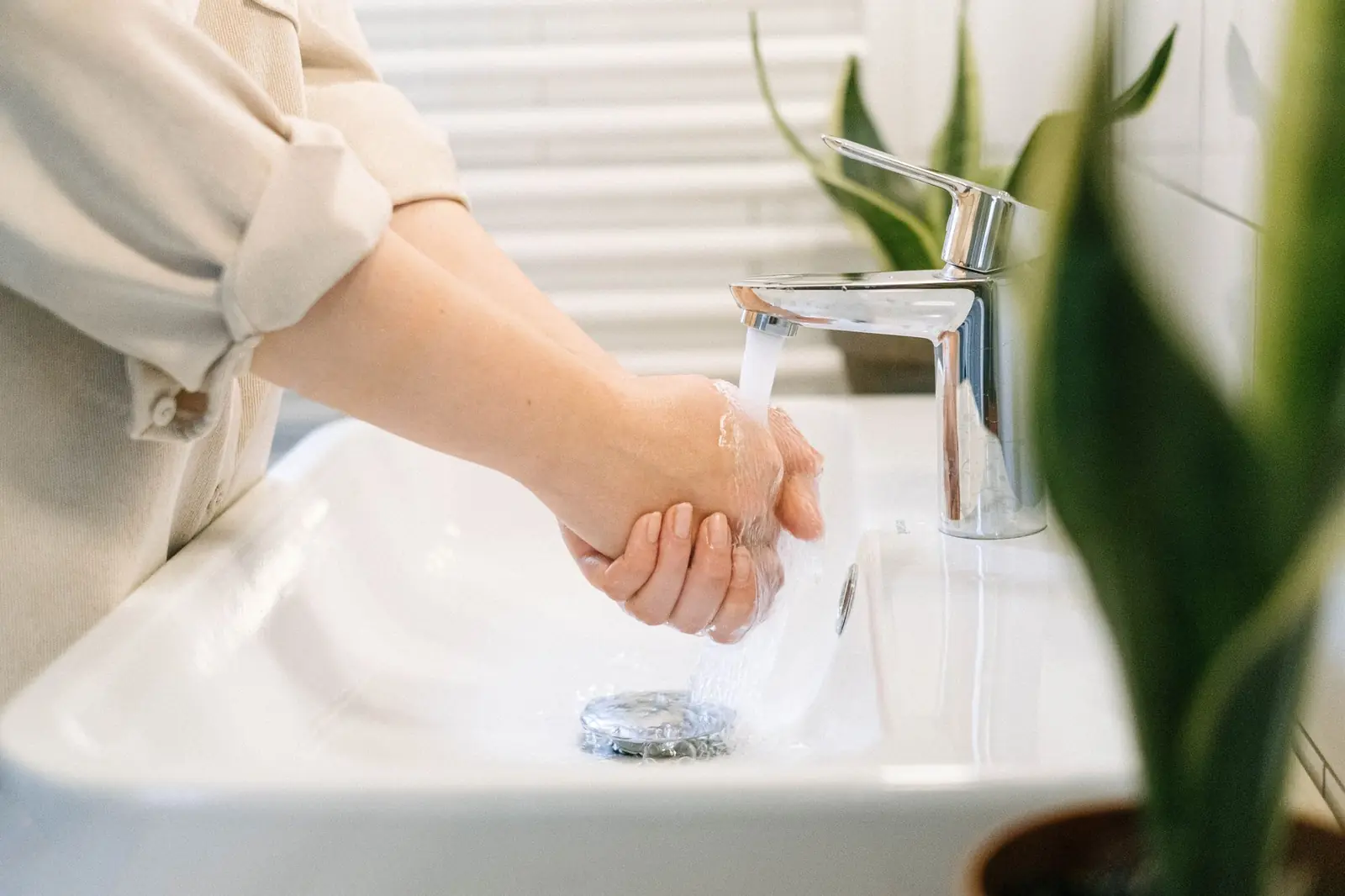 Hands being rinsed under a running faucet at a white sink beside a green plant